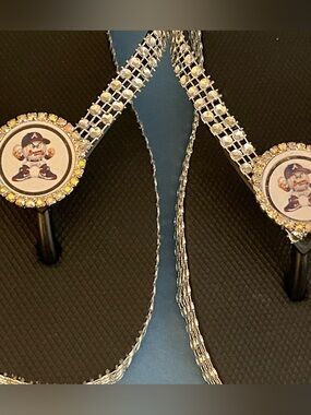 Black Rhinestone Strap Flip Flops with Logo Medallions